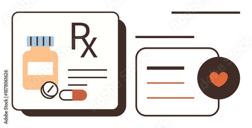 Healthcare, prescription management, pharmaceuticals, medical services, medication, digital records. Medicine bottle, pills and healthcare icon. Healthcare and prescription management