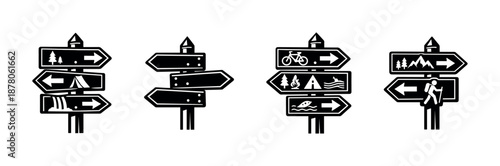 Outdoor adventure vector icons set for hiking, camping, and nature trails