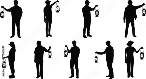 Man holding lantern silhouettes collection, showing different standing poses isolated on white background night exploration mystery light vintage camping vector illustration set