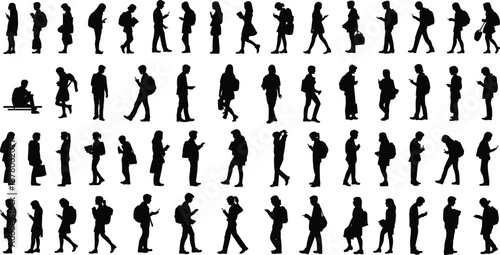 People silhouettes using smartphones walking standing social media addiction modern lifestyle crowd technology communication isolated figures 