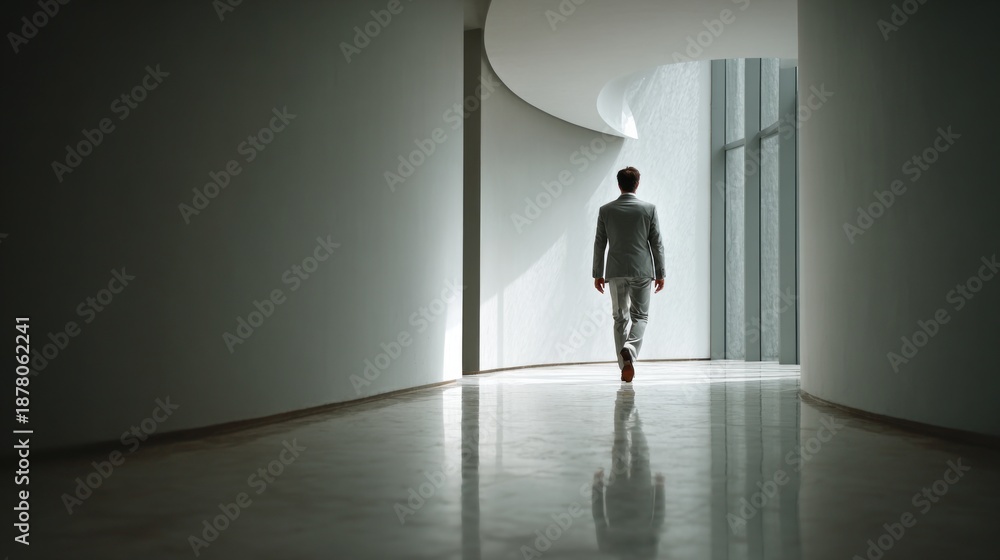 Obraz premium Businessman Walking Slowly Forward in Modern Hallway with Soft Light and Curved Walls