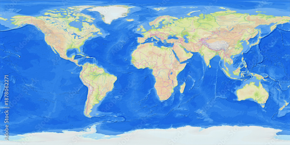 Obraz premium Map of the earth showing the region with relief representation, rivers, lakes, administrative boundaries and undersea relief. No labels at all.