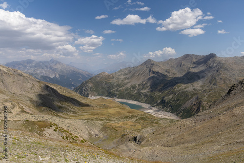 Panoramic alpine view from Col des Marches overlooking the Maurienne Valley near Valmeinier in the French Alps.