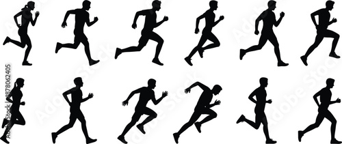 Running people silhouette sequence, male and female jogger motion poses, sprint training and fitness activity, athletic movement concept, isolated black human figures illustration