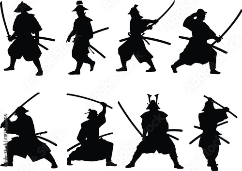 Samurai silhouettes collection featuring katana sword combat stances isolated on white background Japanese warrior martial arts fighter vector illustration set