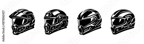 Futuristic helmets vector icons set, sci-fi headgear collection