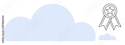 Cloud computing, data storage, quality assurance, digital reliability, information management, secure technology. Cloud icon with star-based ribbon badge emphasizing reliability. Cloud computing