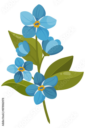 Blue forget-me-not flowers with green leaves, created in a clean flat vector style. Perfect for seasonal design, greeting cards, invitations, packaging, editorial layouts, posters, branding