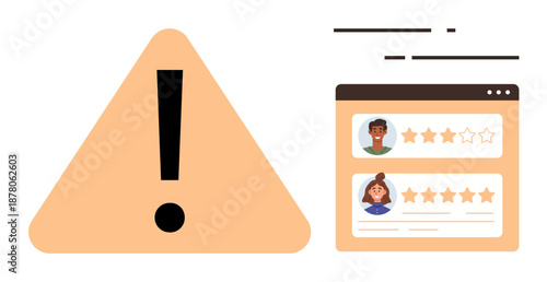 Content moderation, feedback systems, online scams, user reviews, cybersecurity, trust issues. A caution symbol next to a ratings dashboard. Content moderation and feedback systems concept