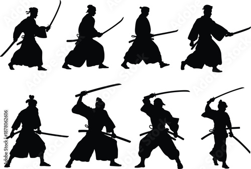 Samurai warrior silhouettes collection showing katana sword walking combat poses isolated on white background Japanese martial arts fighter vector illustration set