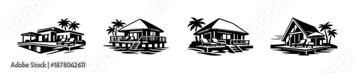 Tropical beach huts vector icons set: seaside, bungalows, island, vacation symbols