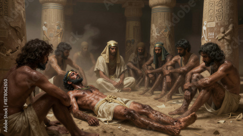 Plague of Boils in Egypt: A circle of afflicted men in a temple shadow under harsh clinical light