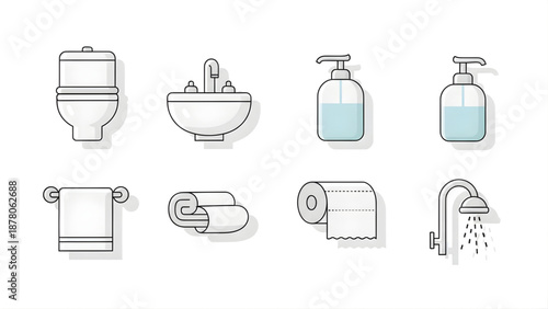 Collection of bathroom icons including a toilet, sink, soap dispensers, towel, toilet paper, and shower head for hygiene and cleaning