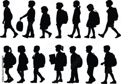 School children silhouette collection, walking kids with backpacks illustration, black student figures set, education concept, boys and girls isolated on white background