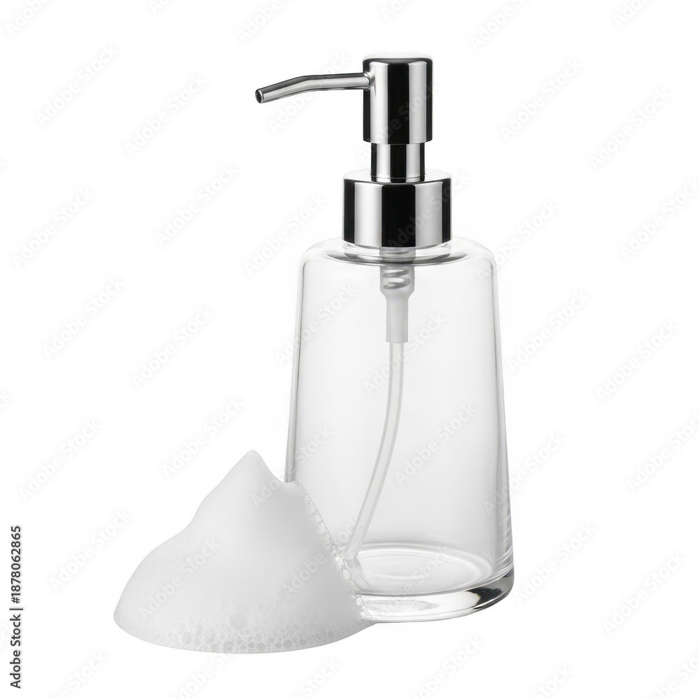 Obraz premium Modern glass soap dispenser with sponge isolated on transparent background
