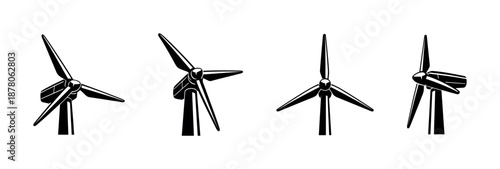 Wind turbines vector icons set, renewable energy symbols, eco power silhouettes
