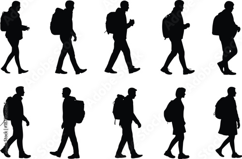 Walking man silhouette collection, adult male travelers with backpacks illustration, black human figures set, commuting travel lifestyle concept isolated on white background