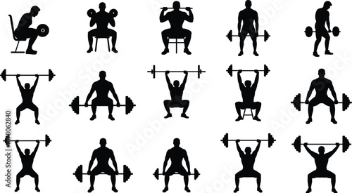 Weightlifting workout silhouette set, gym strength training exercises with barbell and dumbbells, powerlifting fitness routine poses, isolated black athlete figures illustration