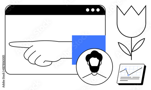 Hand gesture on browser screen beside avatar, flower, and analytics graph. Ideal for technology, user interface, identity, growth, analytics nature interaction. Simple flat metaphor