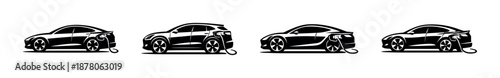 Electric cars vector icons set with charging symbols, automobile designs, black silhouettes