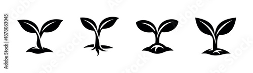 Plant seedlings vector icons set: sprout, shoot, sapling designs, black silhouette