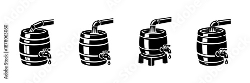 Brewing equipment vector icons set: barrels, taps for beer and beverage production