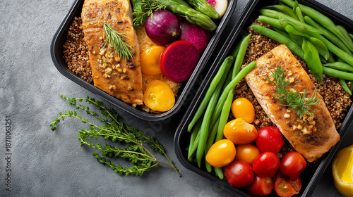 Healthy meal prep diet, home delivery nutritious, food service display, convenient lifestyle option, balanced meal planning, with copy space