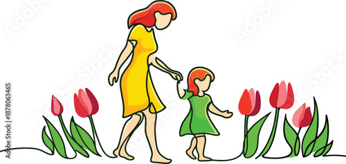 Woman and little girl walking among tulips in spring