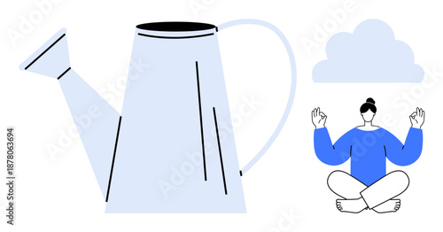 Self-care, mental growth, mindfulness, gardening, relaxation balance. Watering can meditating person cloud. s self-care and mental growth concept. Line metaphor. Simple line icons