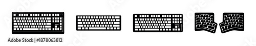 Ergonomic computer keyboards vector icons set: flat, outline, solid styles