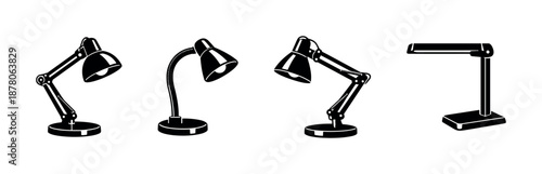 Lighting vector icons set with desk lamps, adjustable, retro, and modern designs