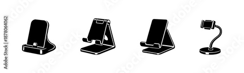 Smartphone and tablet stands vector icons set - black and white gadget holders
