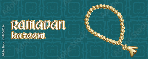 Ramadan Kareem greeting banner with golden prayer beads and Islamic geometric pattern, Muslim spiritual background