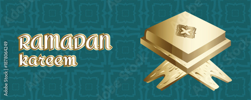 Ramadan Kareem greeting banner with golden Quran elements and Islamic geometric pattern, elegant Muslim religious background