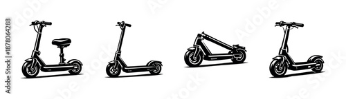 Electric scooter vector icons set: e-scooter, foldable, urban, black and white designs