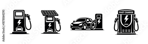 Electric vehicle charging stations, car at station, vector icons set, ev, eco-friendly