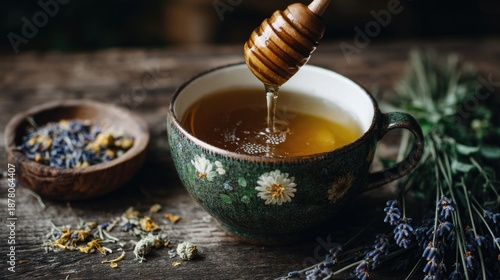 Warm Herbal Tea with Honey Dripping from Wooden Dipper Relaxing Atmosphere for Wellness and Natural Healing in a Beautiful Rustic Setting