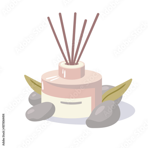 A minimalist reed diffuser sits among smooth spa stones. This elegant vector captures the essence of a tranquil home fragrance experience.