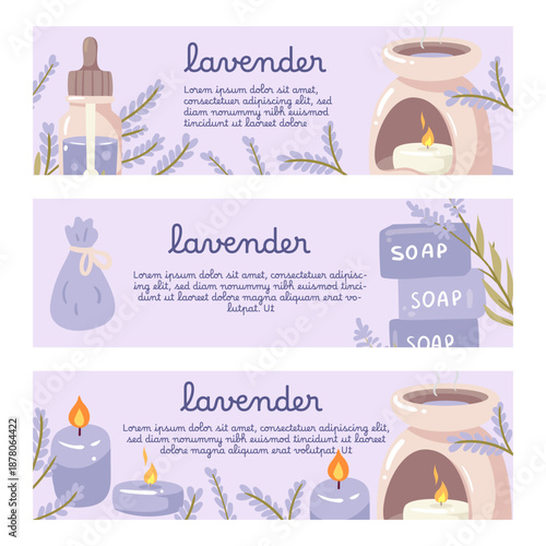 Lavender scented products arranged in a clean horizontal layout. Perfect for social media banners or organic shop decorations.
