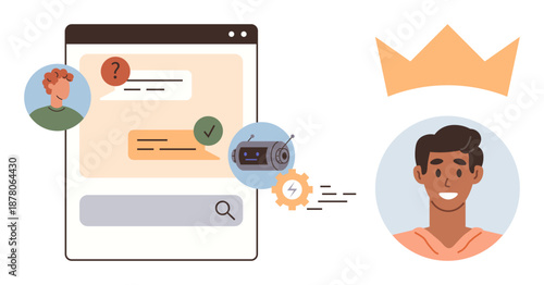 Customer service, AI interaction, chatbot, communication, leadership, teamwork. Chat interface with AI bot, user profiles and a crowned avatar symbol. Customer service and AI interaction concept