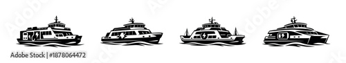Ferry vector icons set: black and white boat symbols, nautical transport collection