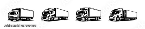 Electric trucks vector icons set. eco-friendly transportation symbols, black and white.
