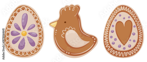 Flat vector illustration of decorated Easter gingerbread cookies with icing patterns. Perfect for Easter designs, bakery branding, packaging, greeting cards, stickers and seasonal decorations.