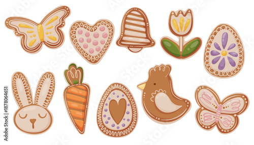 Flat vector clipart set of decorated Easter gingerbread cookies including bunny, chick, egg, carrot, butterfly and flower shapes. Perfect for Easter designs, packaging, stickers and bakery branding
