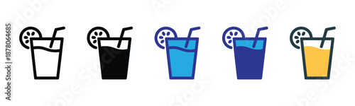 Vector illustration icon collection of colorful glasses with straws and lemon slices
