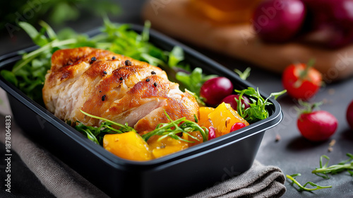 Chicken breast meal container, to-go protein serving, healthy food preparation display, portable nutrition option, fitness meal planning, with copy space