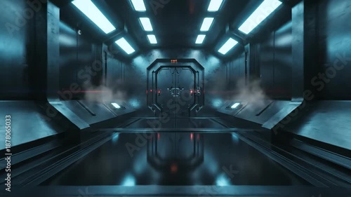 Futuristic corridor interior with reflective surfaces and atmospheric haze