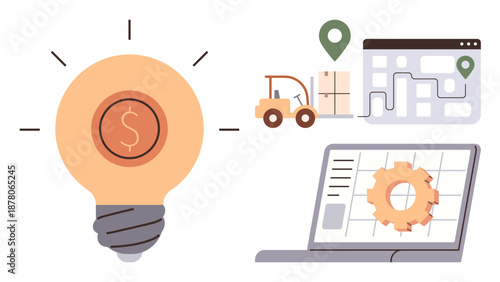 Supply chain management, logistics, business automation, financial innovation, smart solutions, technology. Lightbulb with dollar sign, laptop with cog and logistics. Supply chain management