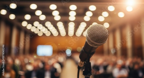 Professional microphone on stage, awaiting a speaker for a conference or public event, with a blurred audience and warm lights setting an engaging atmosphere