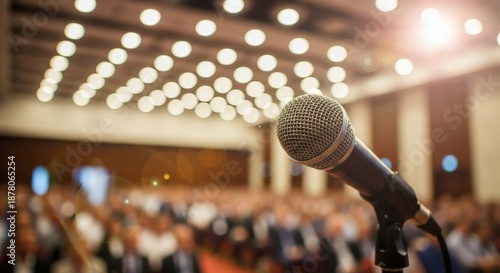 Microphone with glowing bokeh lights in a large conference hall, ready for a speaker addressing a blurred audience at a professional business event